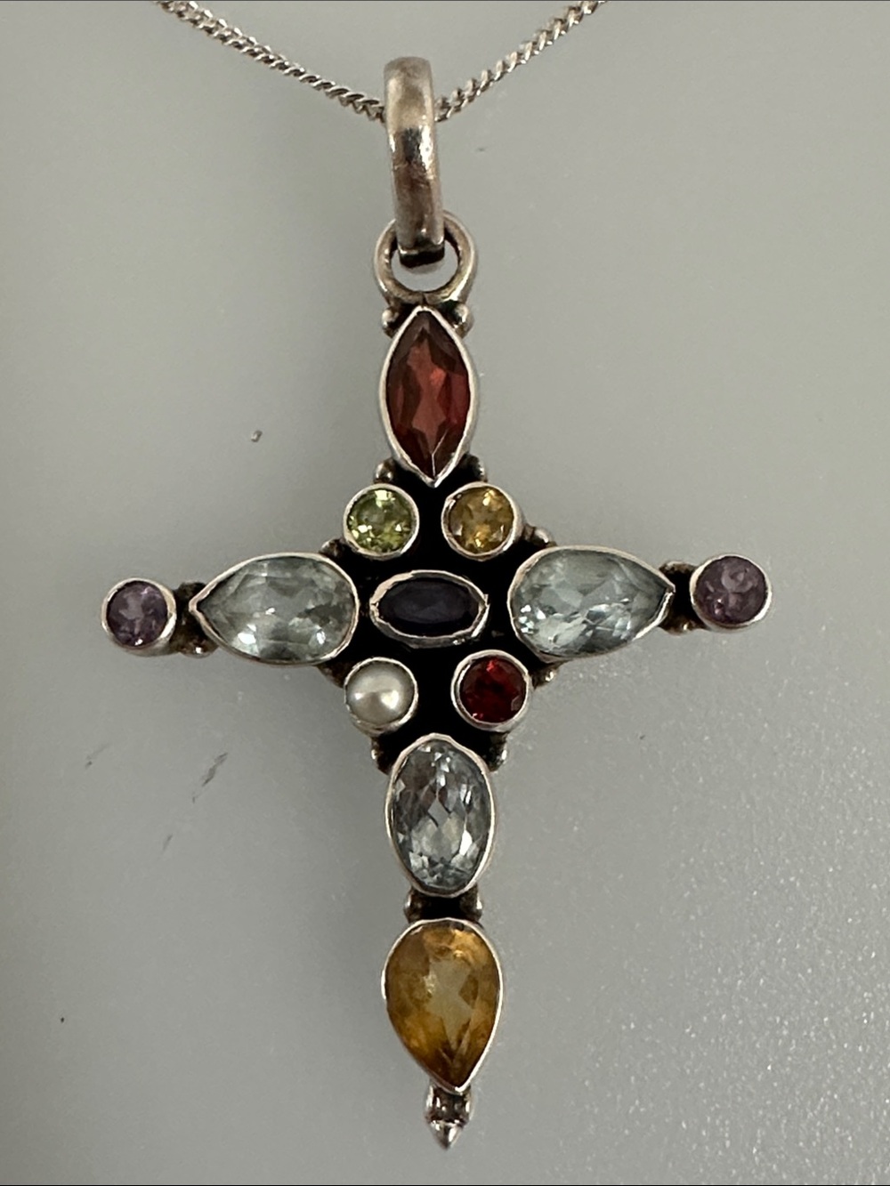 925 Sterling Silve Garnet amethyst Citrine Topaz Pearl Gems Cross Necklace